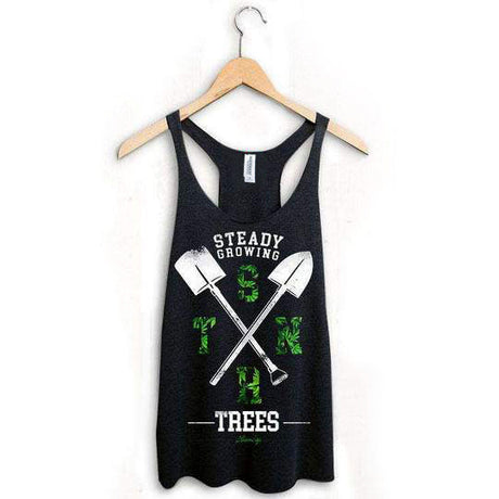 StonerDays Steady Growing Racerback tank top in black, cotton blend, front view on hanger