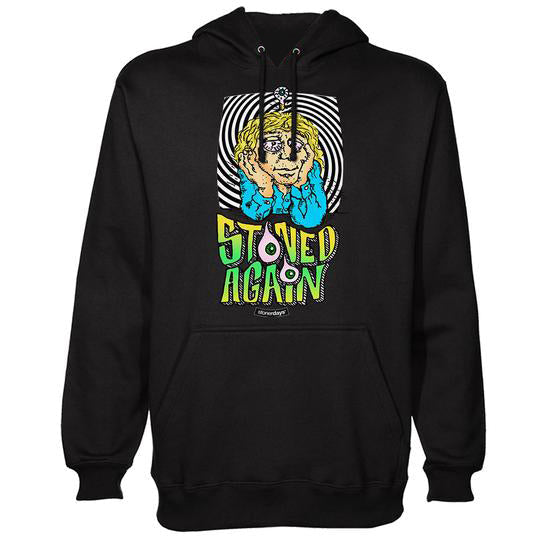 StonerDays 'Stoned Again' men's black hooded sweatshirt, front view on white background