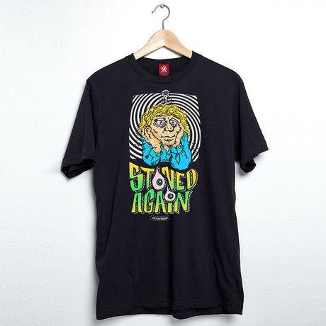 StonerDays 'Stoned Again' black cotton tee with colorful front print, displayed on hanger