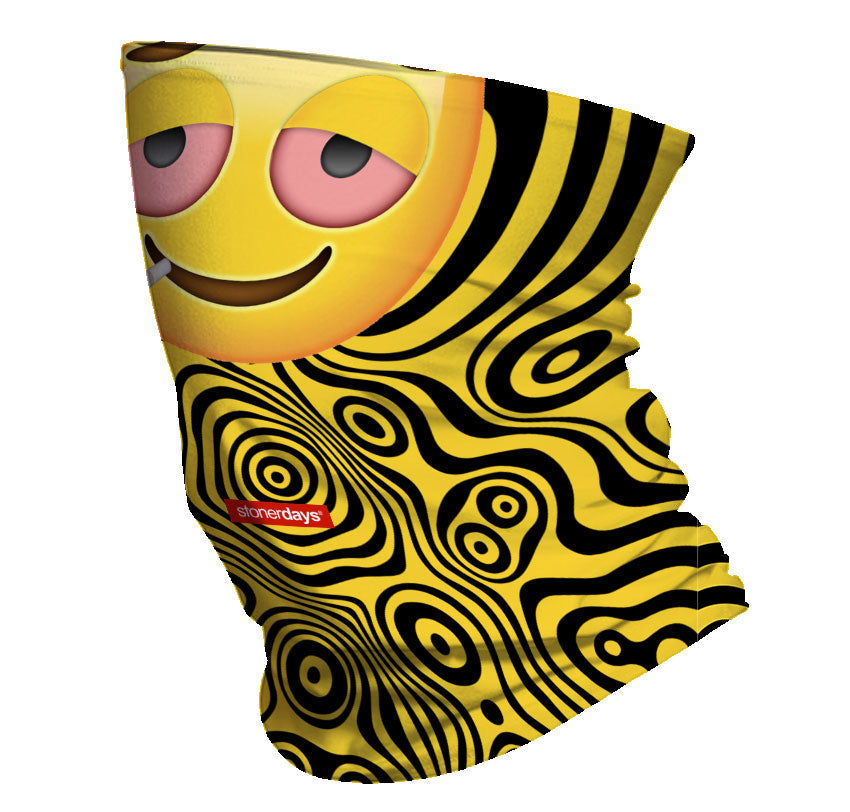 StonerDays Stoned Emoji Neck Gaiter, Psychedelic Yellow & Black Design, Front View