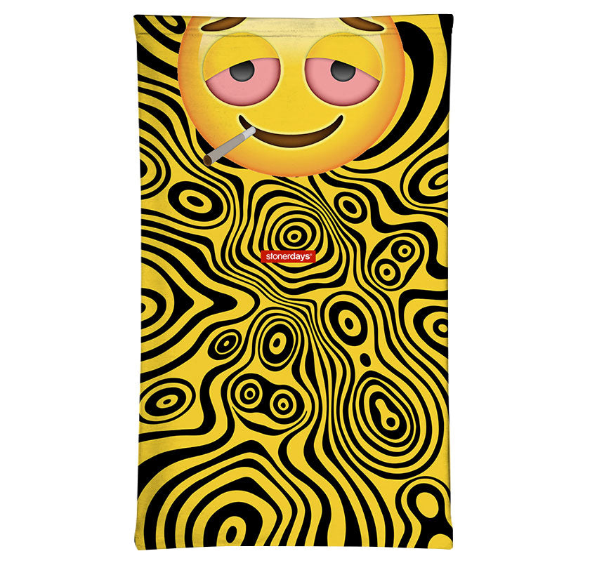 StonerDays Stoned Emoji Neck Gaiter, Yellow Psychedelic Pattern, Durable Polyester, Front View