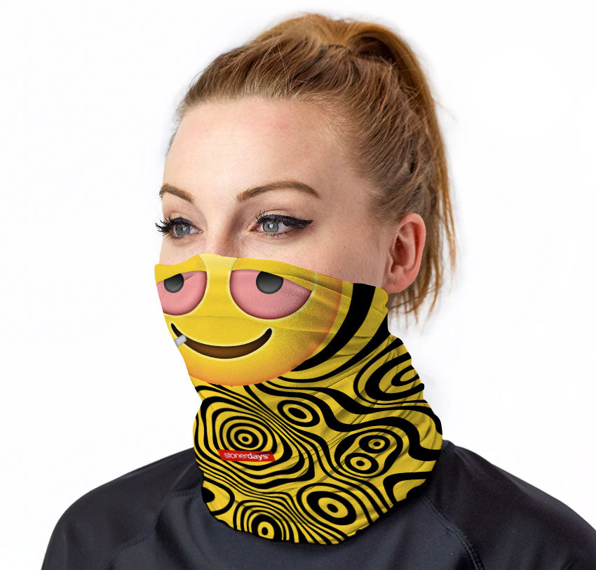 StonerDays Stoned Emoji Neck Gaiter, Front View on Model, Comfortable Polyester