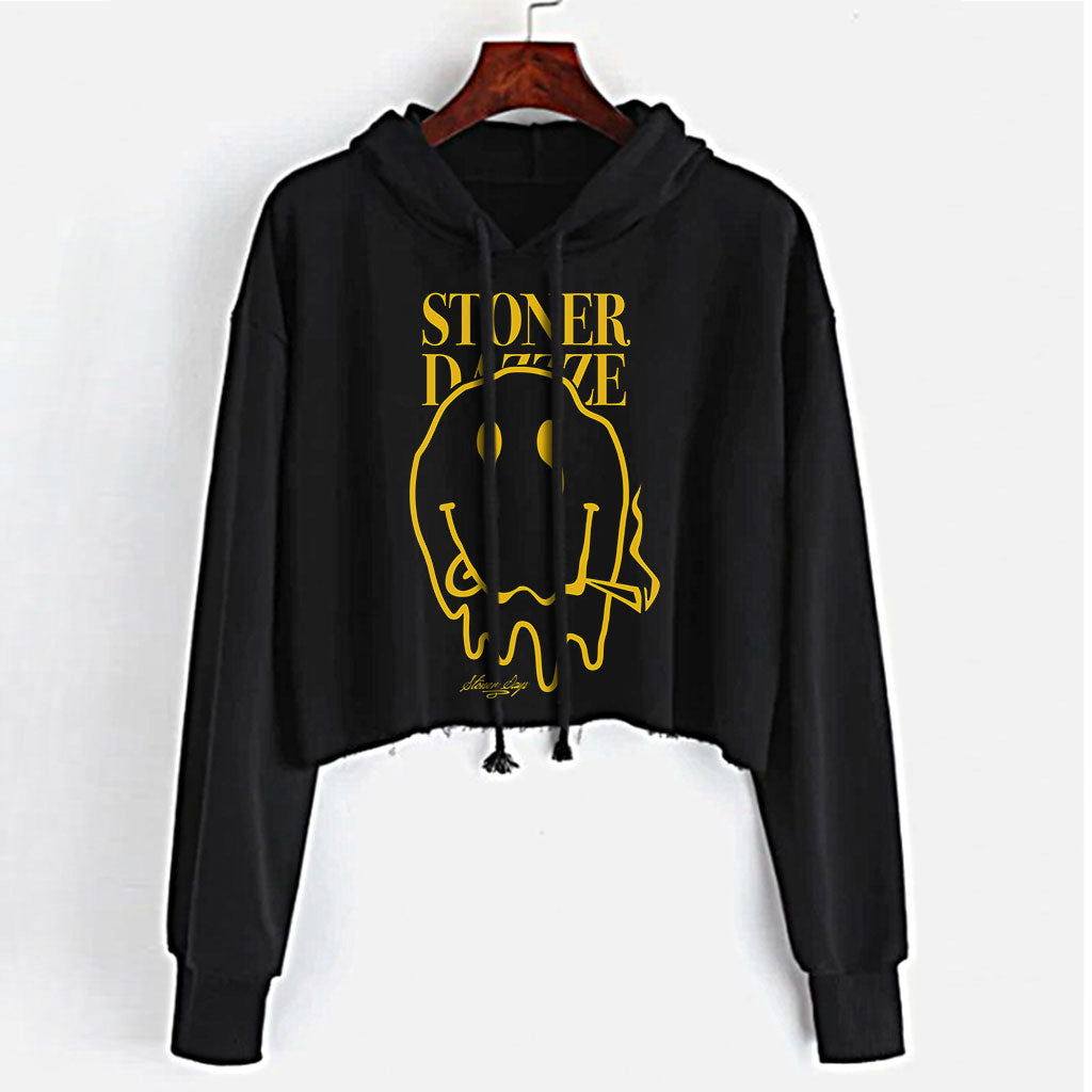 StonerDays Stoner Dazzze black crop top hoodie with yellow print, front view on hanger
