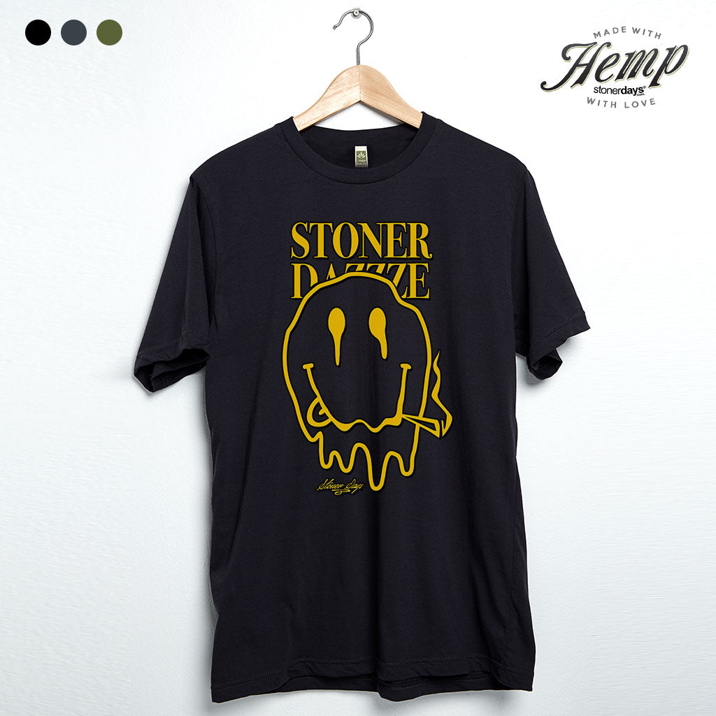 StonerDays Hemp Tee in Caviar Black featuring bold yellow graphic, front view on hanger