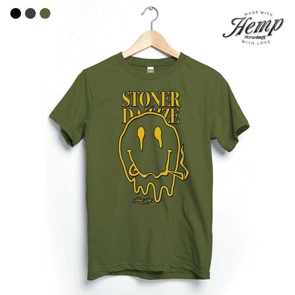 StonerDays Stoner Dazzze Hemp Tee in Herb Green, front view on hanger, comfortable fit