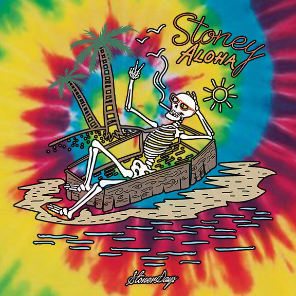 StonerDays Stoney Aloha Tee with vibrant rainbow tie-dye pattern and skeleton graphic