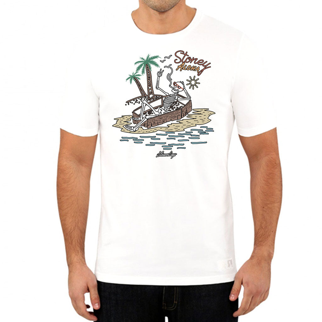 StonerDays Stoney Aloha White Tee front view on model, sizes S to 2XL, 100% cotton