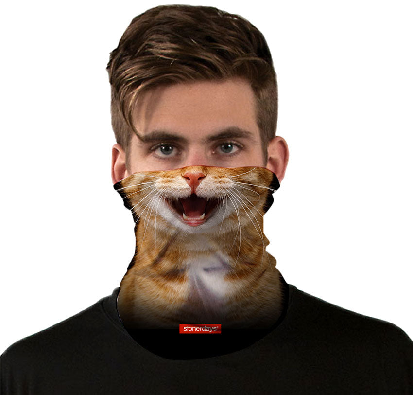 Front view of StonerDays Stoney Cat Neck Gaiter featuring a vibrant cat face design, made of polyester