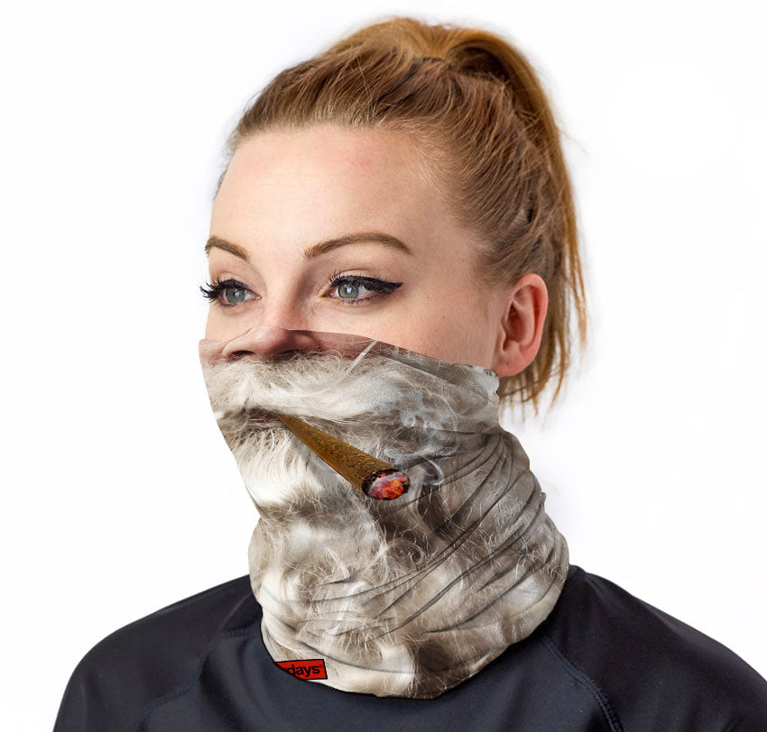 StonerDays Stoney Santa Gaiter featuring smoke design, worn by model, front view