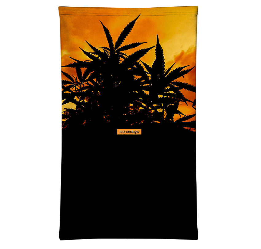 StonerDays Sunset Silhouette Neck Gaiter featuring cannabis design, front view on white background