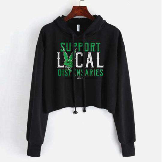 StonerDays Women's Crop Top Hoodie in black with 'Support Local Dispensaries' print, front view