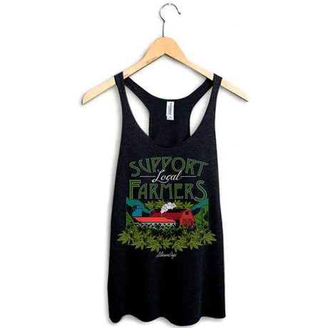 StonerDays Support Local Farmers black racerback tank top on hanger, sizes S to XXL