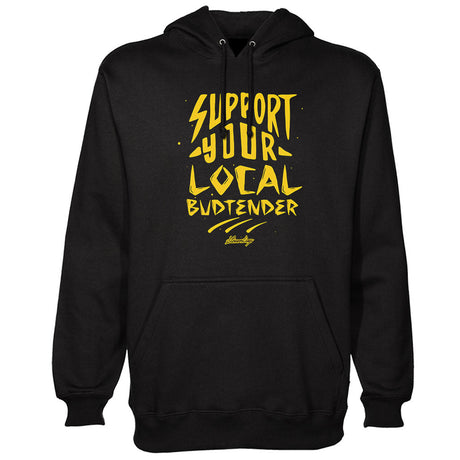 StonerDays black hoodie with "Support Your Local Budtender" print, front view, sizes S-2XL