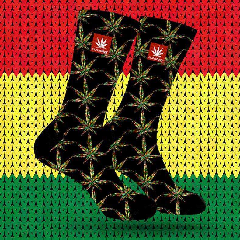 StonerDays Rasta Leaf Pattern Crew Socks in Symmetrical Design, Extra Large Size