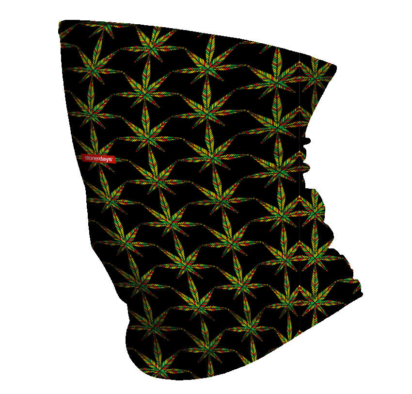 StonerDays Symmetrical Rasta Neck Gaiter with vibrant leaf pattern, side view on white background
