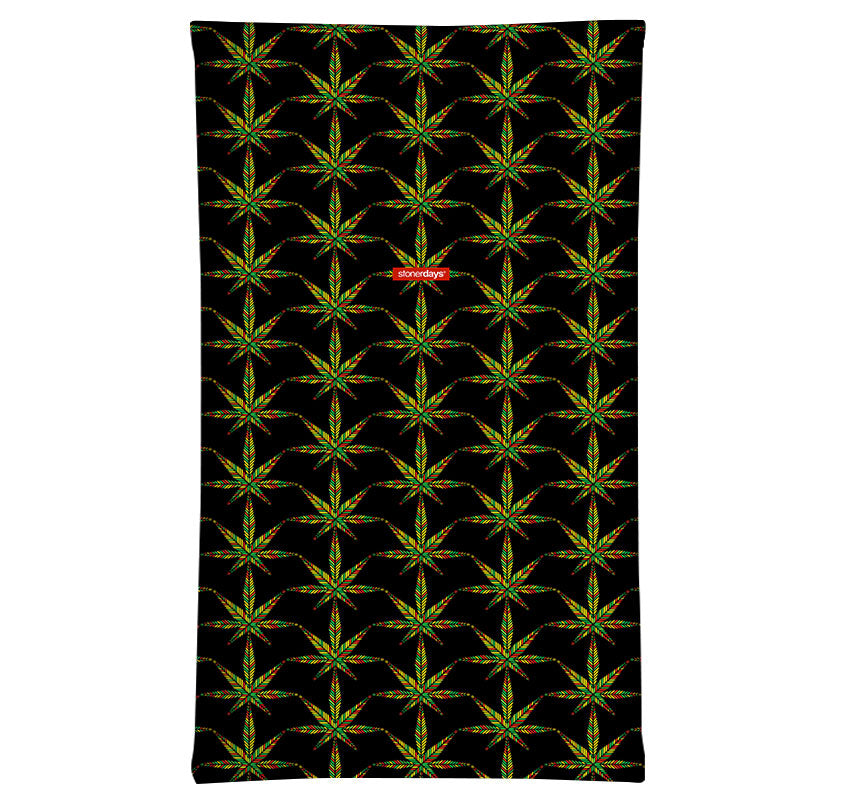 StonerDays Symmetrical Rasta Neck Gaiter featuring a vibrant leaf pattern, made of polyester, front view.