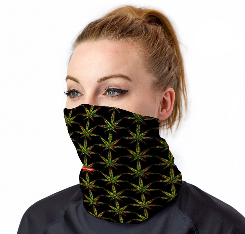 StonerDays Symmetrical Rasta Neck Gaiter with Cannabis Leaf Design, Front View on Model