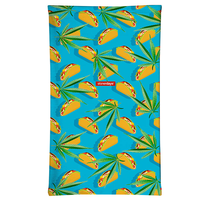 StonerDays Taco Tuesday Neck Gaiter with vibrant taco and cannabis leaf design on blue background.