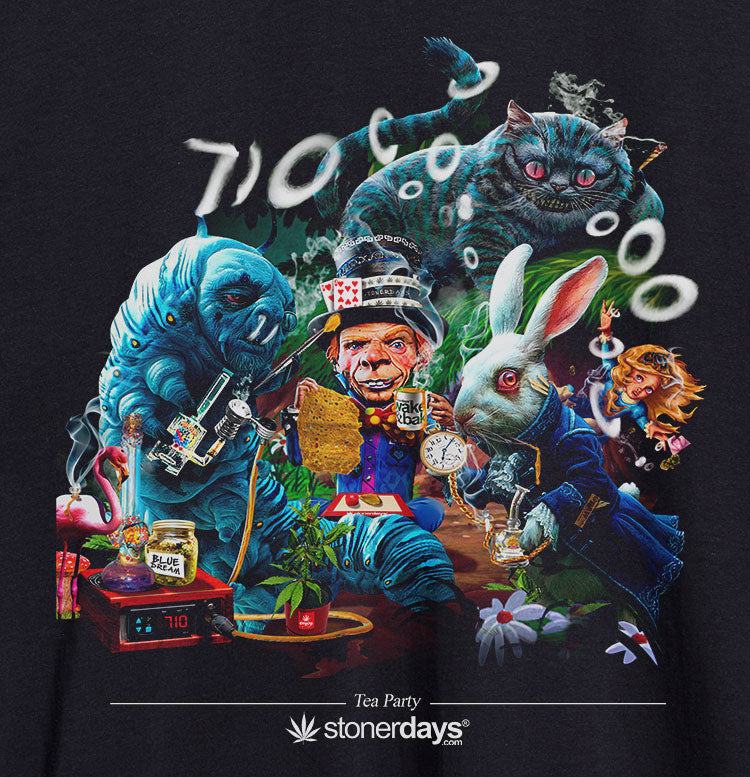 StonerDays Tea Party Crop Top Hoodie for Women - Black with Psychedelic Print