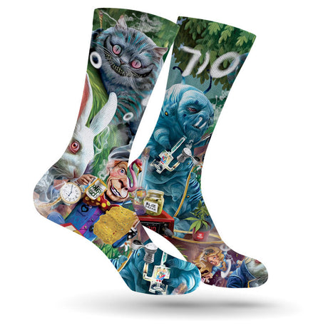 StonerDays Tea Party Weed Socks with vibrant cannabis-themed illustrations, available in Medium and Large