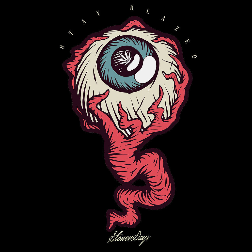 StonerDays The Red Eye Hemp T-shirt design close-up featuring artistic eyeball graphic on black background