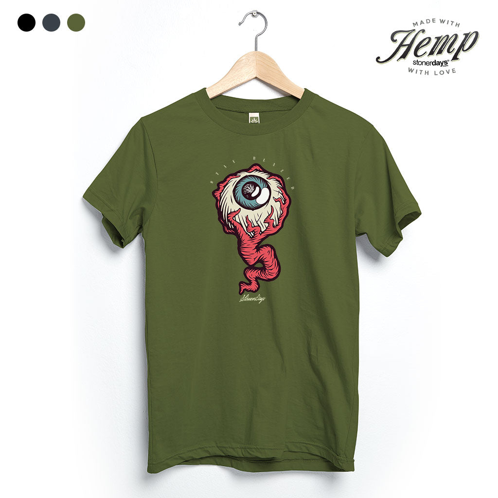 StonerDays The Red Eye Hemp T-shirt in Herb Green, front view on hanger