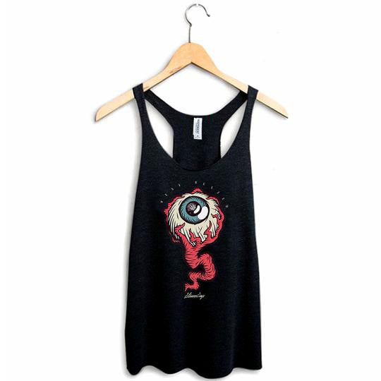 StonerDays The Red Eye Racerback tank top in black, sizes S-XXL, hanging on wooden hanger
