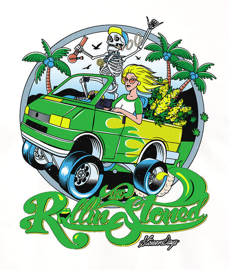 StonerDays The Rollin Stoned White Tee featuring a vibrant car and palm tree design, 100% cotton