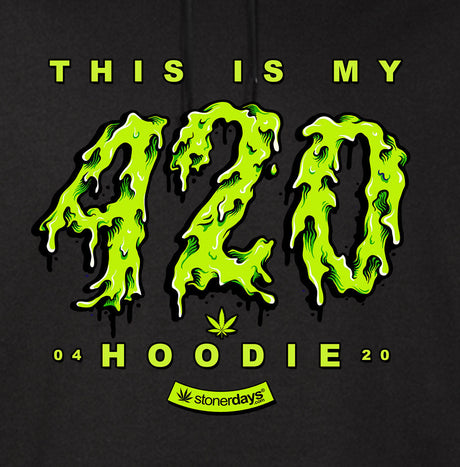 StonerDays Men's 420 Hoodie in black with green dripping numbers, front view on seamless background