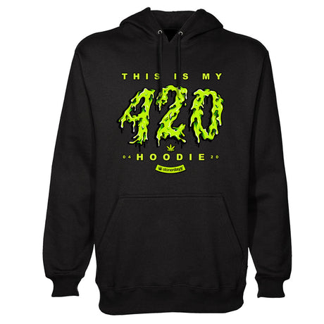 StonerDays black hoodie with 'This Is My 420 Hoodie' graphic in green, front view, sizes S-XXXL