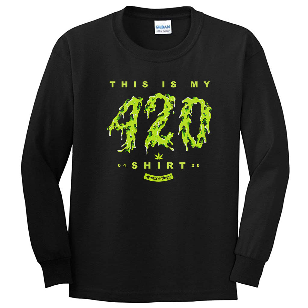 StonerDays men's long sleeve black cotton shirt with green 'This Is My 420 Shirt' print