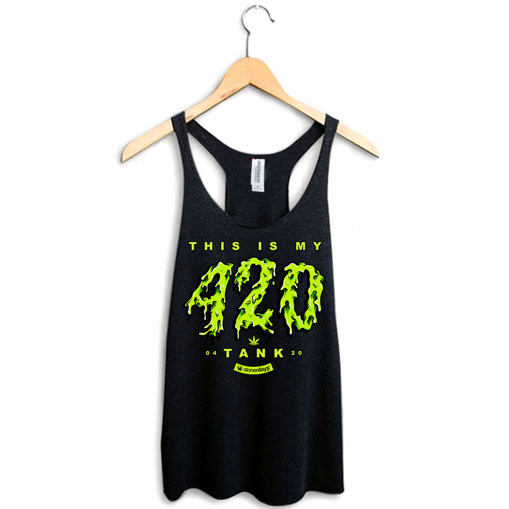 StonerDays Women's Racerback Tank in Black with Green 420 Print, Hanging on Wooden Hanger