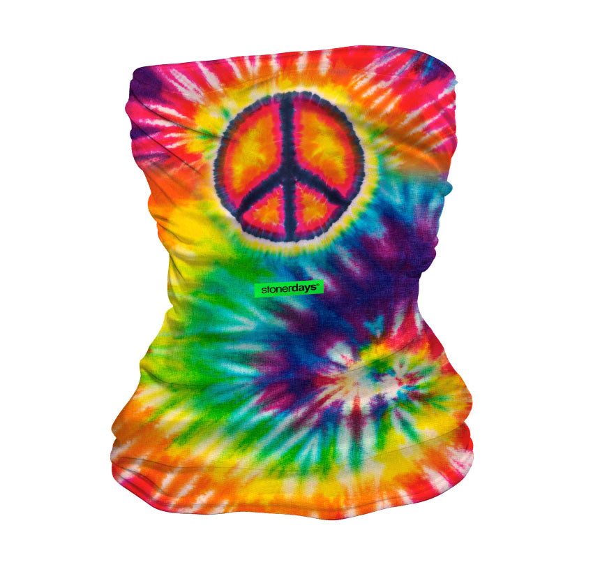 StonerDays Tie Dye Peace Face Gaiter with vibrant colors and front view on white background