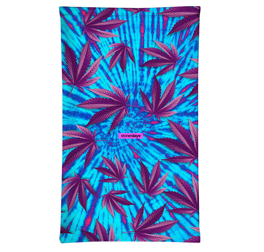 StonerDays Tie Dye Purp Gaiter featuring vibrant cannabis leaf design, made of polyester, front view