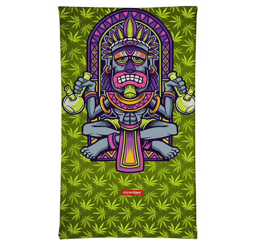 StonerDays Tiki Bongs Neck Gaiter with vibrant green and purple cannabis leaf design