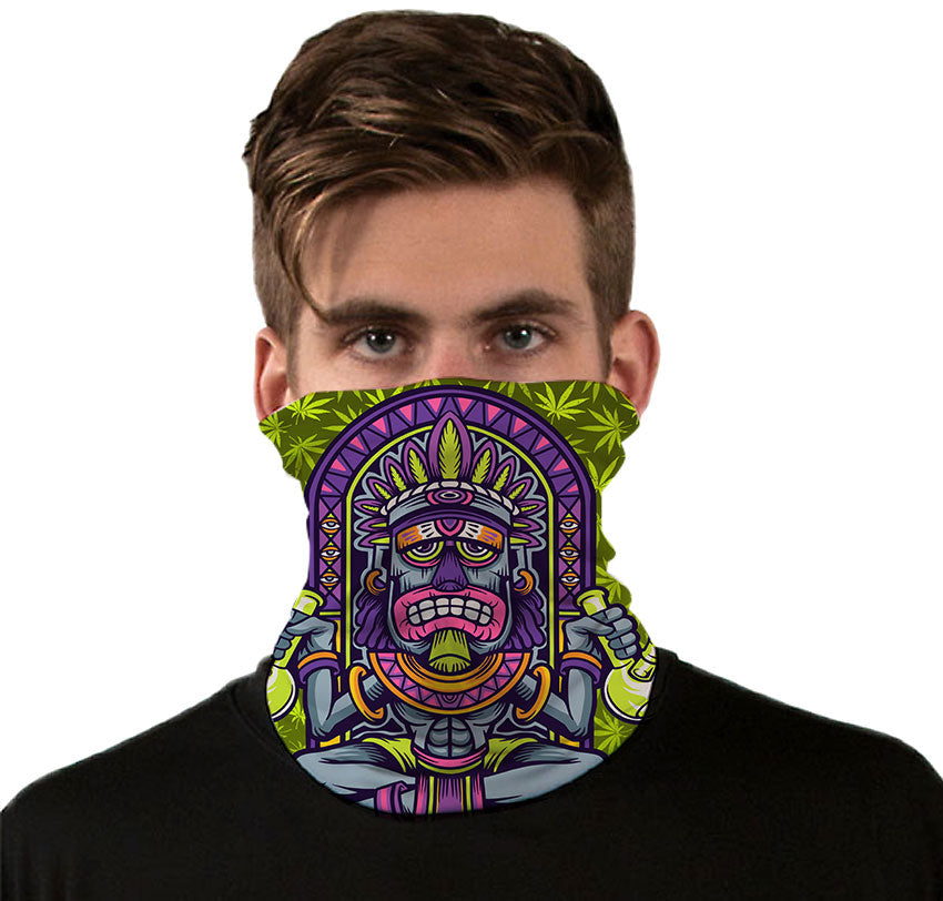 StonerDays Tiki Bongs Neck Gaiter featuring vibrant green and purple design, front view on model