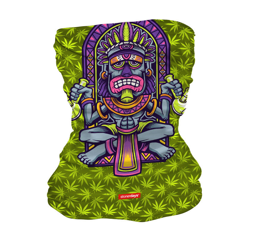 StonerDays Tiki Bongs Neck Gaiter featuring vibrant green and purple design, front view on white background