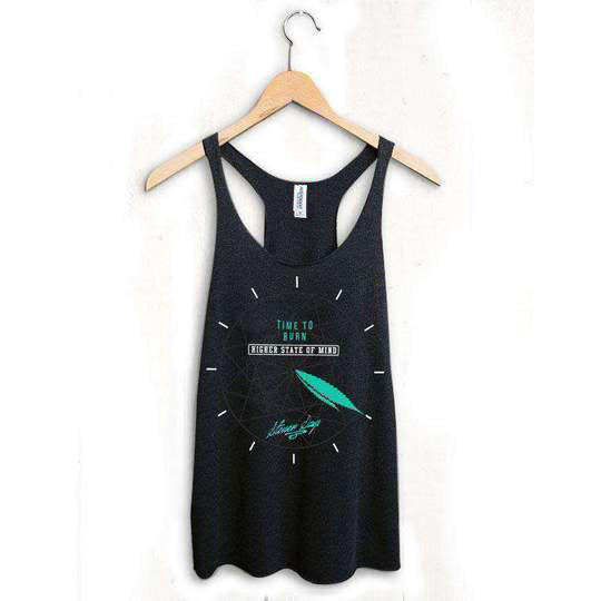 StonerDays Time To Burn Racerback tank top hanging on wooden hanger against white background