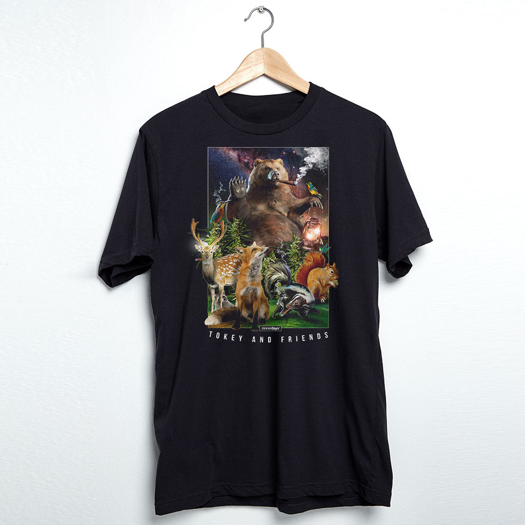 StonerDays Tokey & Friends Men's Black Cotton T-Shirt - Front View on Hanger