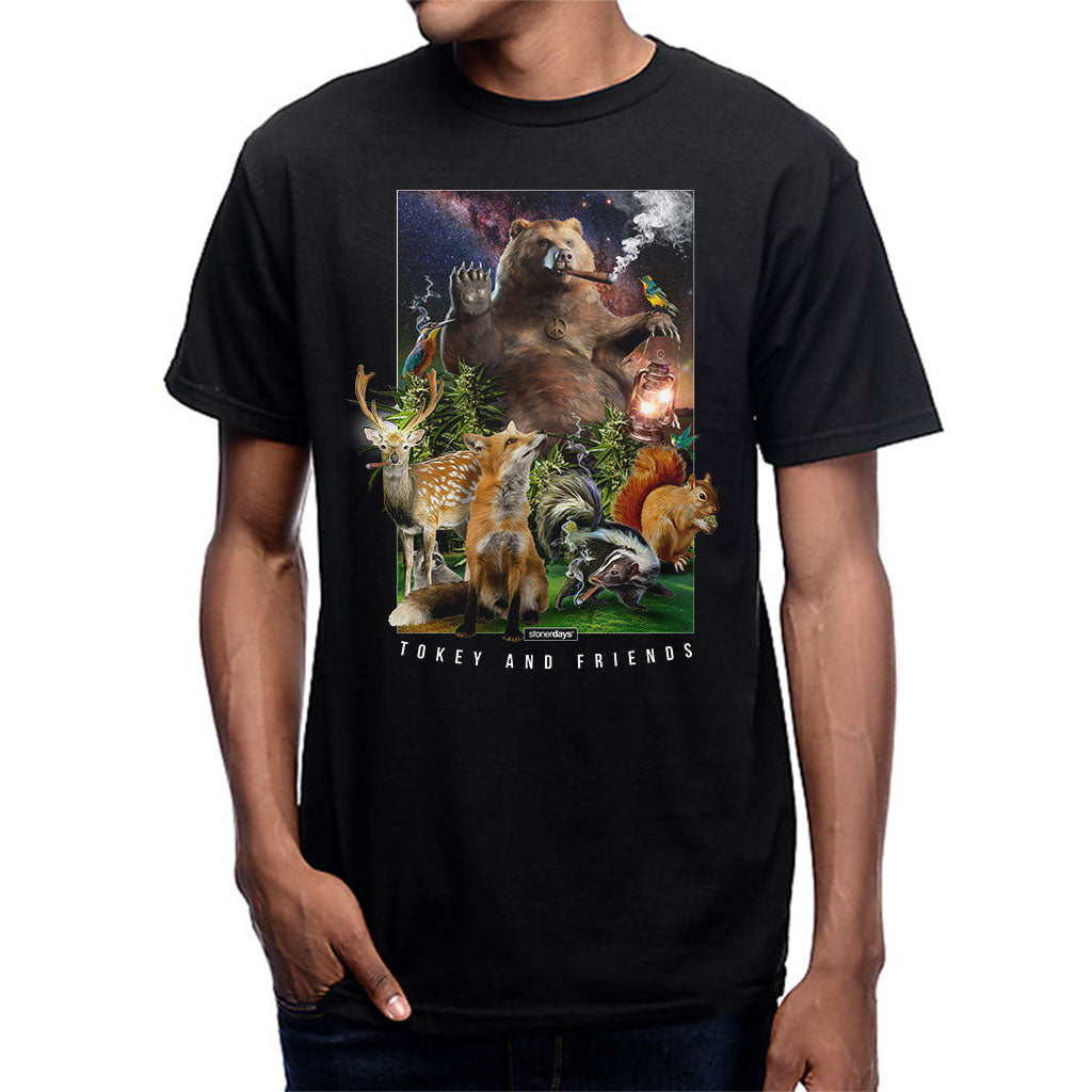 StonerDays Tokey & Friends men's black cotton t-shirt with vibrant animal print - front view
