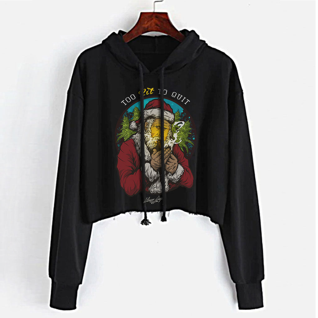 StonerDays Too Lit To Quit women's black crop top hoodie with graphic front view