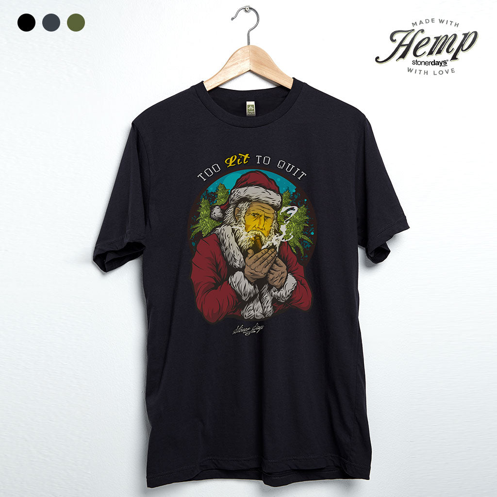 StonerDays Too Lit To Quit Hemp Tee in Caviar Black, front view on hanger, featuring graphic design