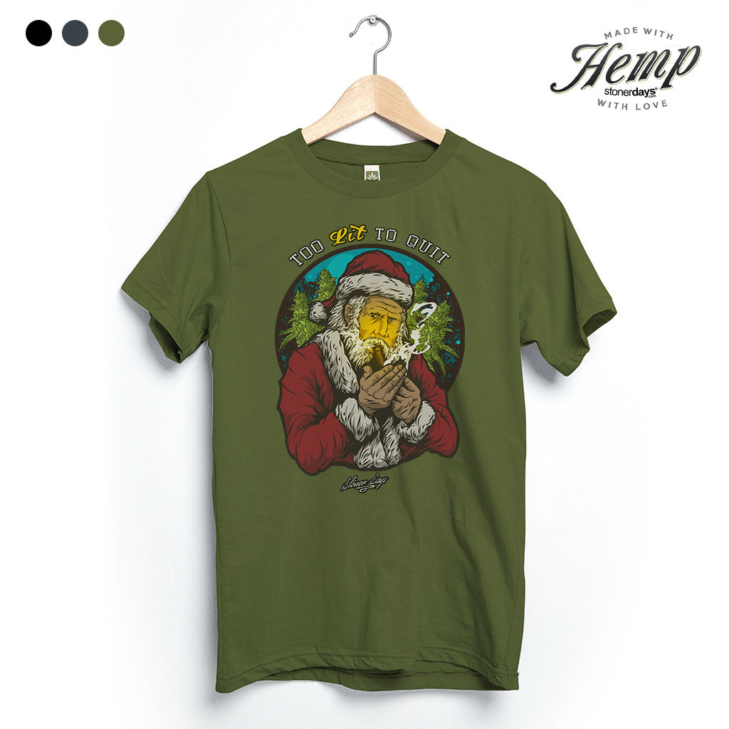 StonerDays Too Lit To Quit tee in Herb Green, front view on hanger, made with hemp and cotton