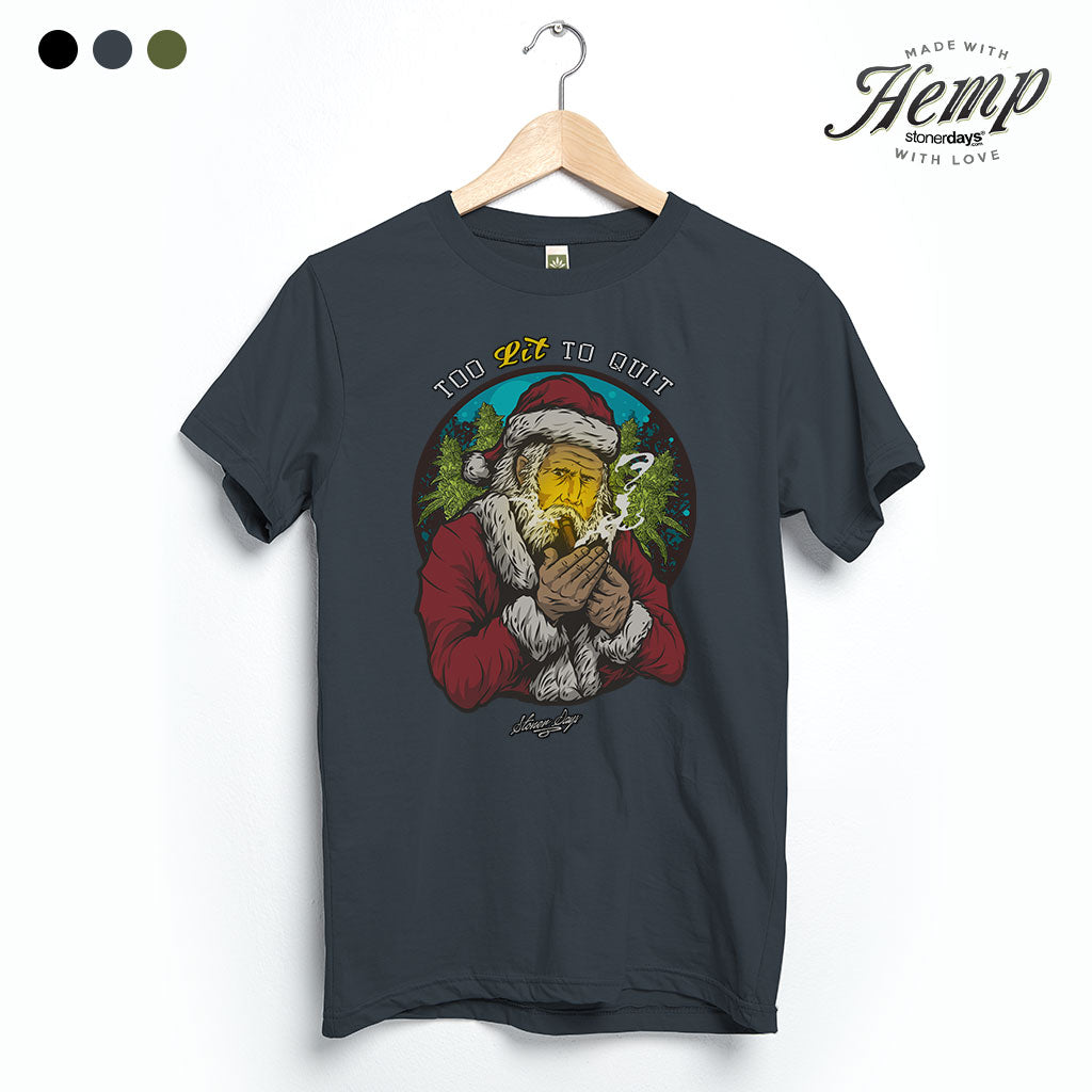 StonerDays Too Lit To Quit Tee in Smoke Grey, featuring a graphic of a bearded figure, front view on hanger