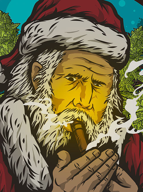 StonerDays Too Lit To Quit Hoodie featuring a graphic of a bearded man in a Santa hat smoking