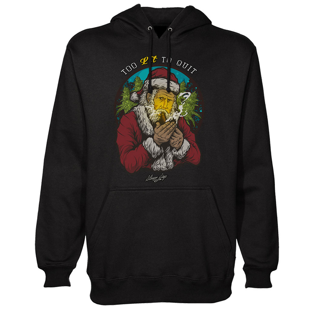 StonerDays Too Lit To Quit Hoodie in black, featuring graphic print, sizes S to 2XL