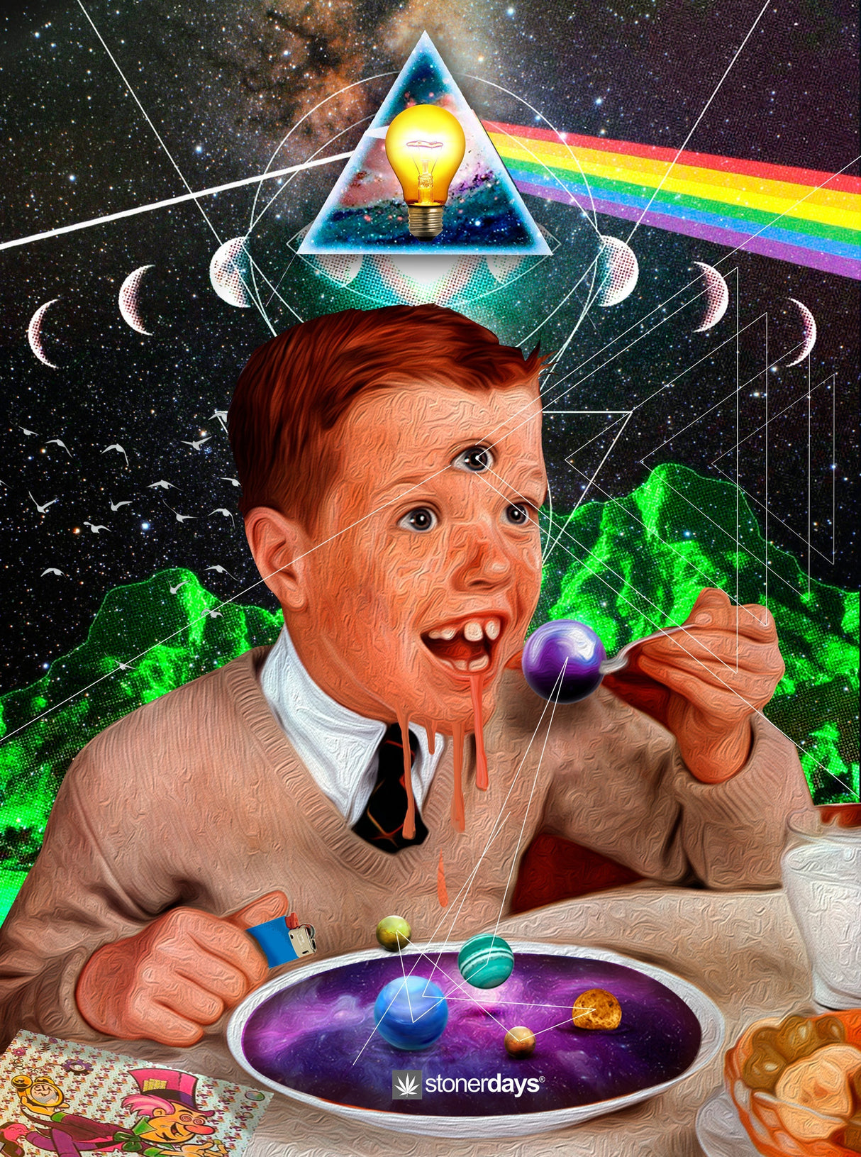 StonerDays Trips Are For Kids Tee featuring vibrant rainbow tie-dye design with cosmic graphics