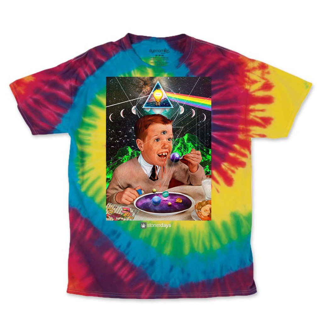 StonerDays Trips Are For Kids Tee with vibrant rainbow tie dye design, front view on white background