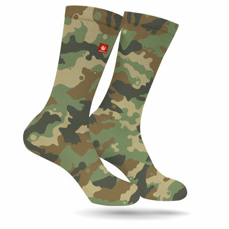 StonerDays Troop Salute Cannabis Socks in green camo with red leaf, USA-made, size L/M front view