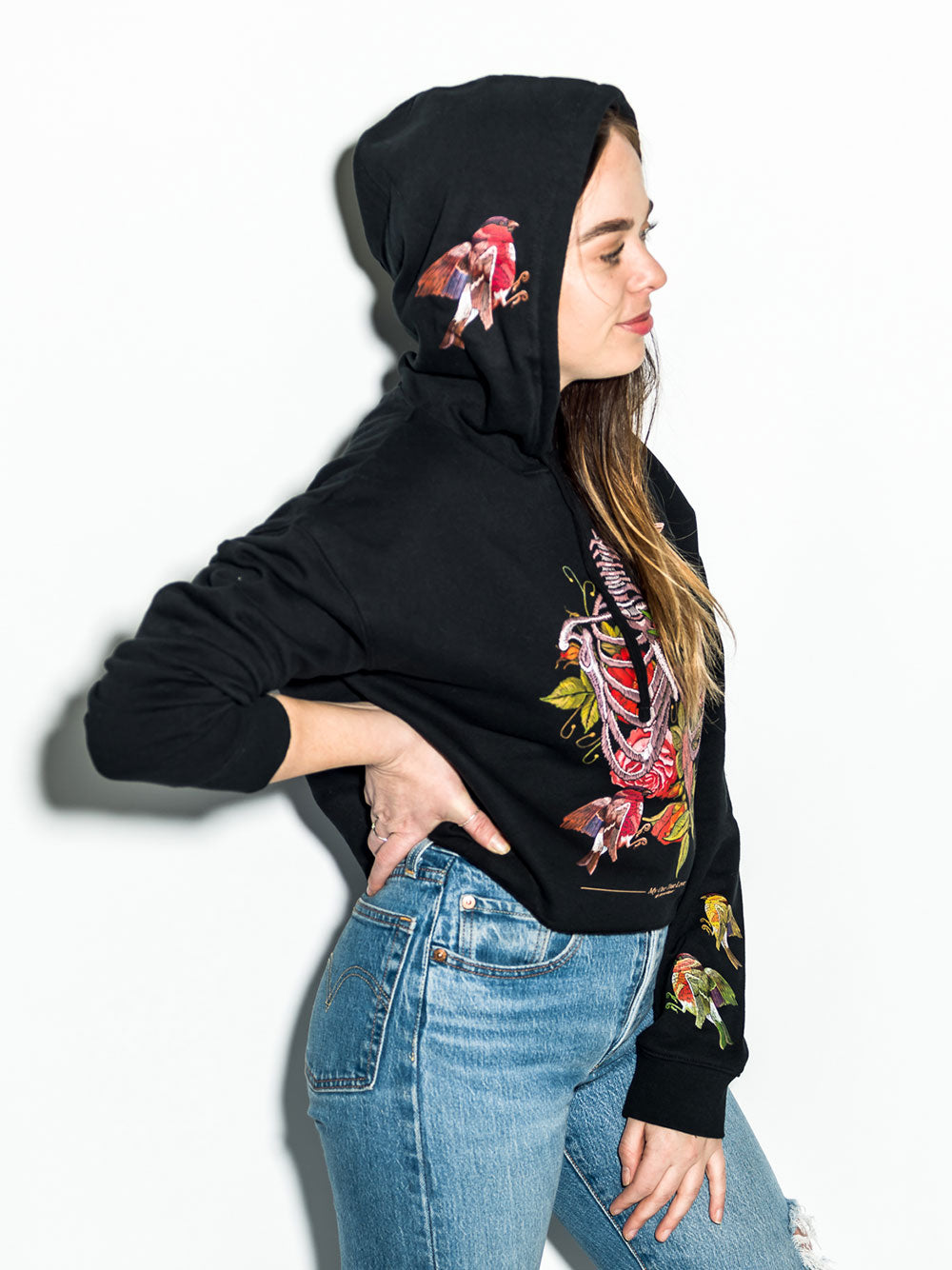 StonerDays True Love Crop Top Hoodie for Women, Side View on Model, Black Cotton